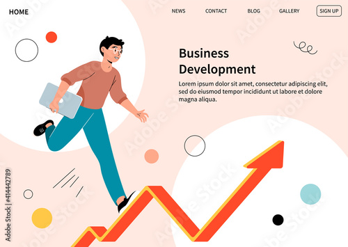 Businessman running through obstacles to his goal. Business developement, career success or personal growth concept. Modern flat cartoon vector illustration. Website, web page, landing page template