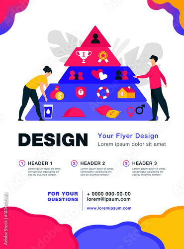 Tiny people near Maslow pyramid flat vector illustration. Cartoon triangle pyramid with graphic hierarchy levels. Sociology theory and wellness measurement concept