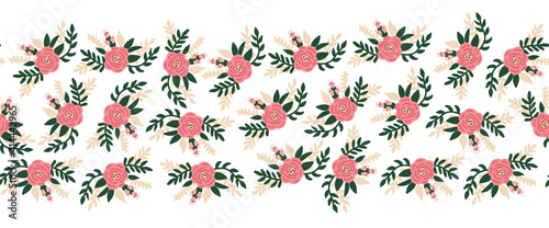 Vector flat flowers seamless border horizontal. Romantic rose florals leaves old rose pink green color repeating pattern. Peony flowers hand drawn cute illustration for banners, fabric trim, footer.