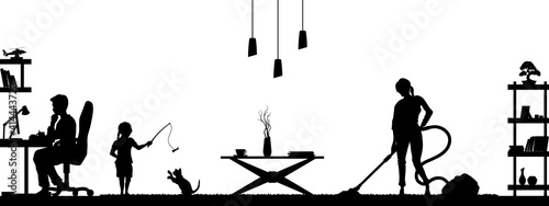 Black silhouette of family in living room. People at home. Domestic scene with daughter and parents. Husband and wife scenery. Flat interior