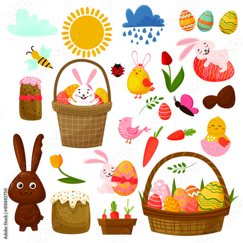 Easter spring set with cute eggs, birds, plants, bunnies. Easter cakes and butterflies. Hand drawn cartoon elements. Vector illustration