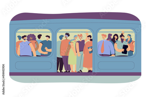 Commuting, transport and overpopulation concept. Crowd of passengers traveling by subway train, standing tight in overcrowded carriage. Flat vector illustration
