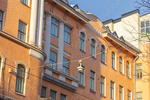 Fragments of the facade. Ancient buildings. Scandinavian architecture. Helsinki, Finland