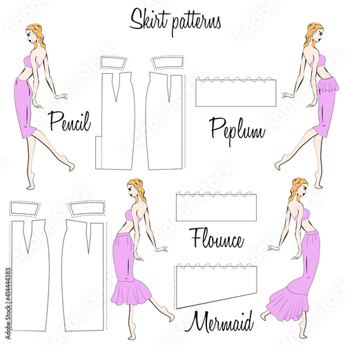 Skirt Pencil, Peplum, Flounce and Mermaid patterns. A visual representation of styles of the skirts on the figure. Illustration of the design and pattern of women's skirts. Hand-drawn models.