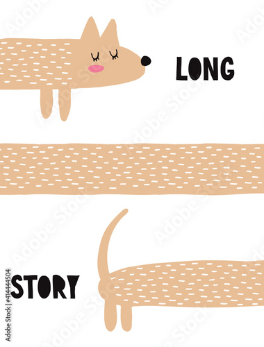 Long Story. Cute Brown Dog Isolated on a White Background. Nursery Vector Illustration with Funny Dachshund ideal for Poster, Wall Art, Dog's Day Card. Lovely Print for Dog Lovers.