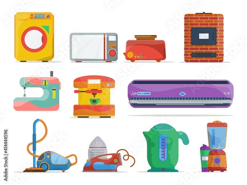 A set with electrical appliances and appliances for the kitchen and bathroom. Cleaning and cooking. Vector illustration in a flat style.