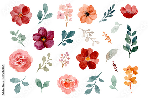 Collection of watercolor floral elements. hand drawn burgundy, brown and rose flowers and green leaves