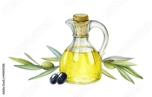 Olive oil in glass jug with olives and tree branches illustration. Natural fresh organic yellow vegetable oil realistic watercolor image. Glass jar with pure olive product inside close up element.