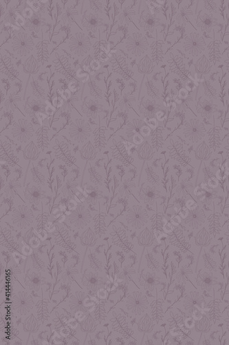 Silky floral pattern in purple faded shades. Seamless hand-drawn lines of flowers, stems, leaves. Background for packaging, postcard, label design, wallpaper