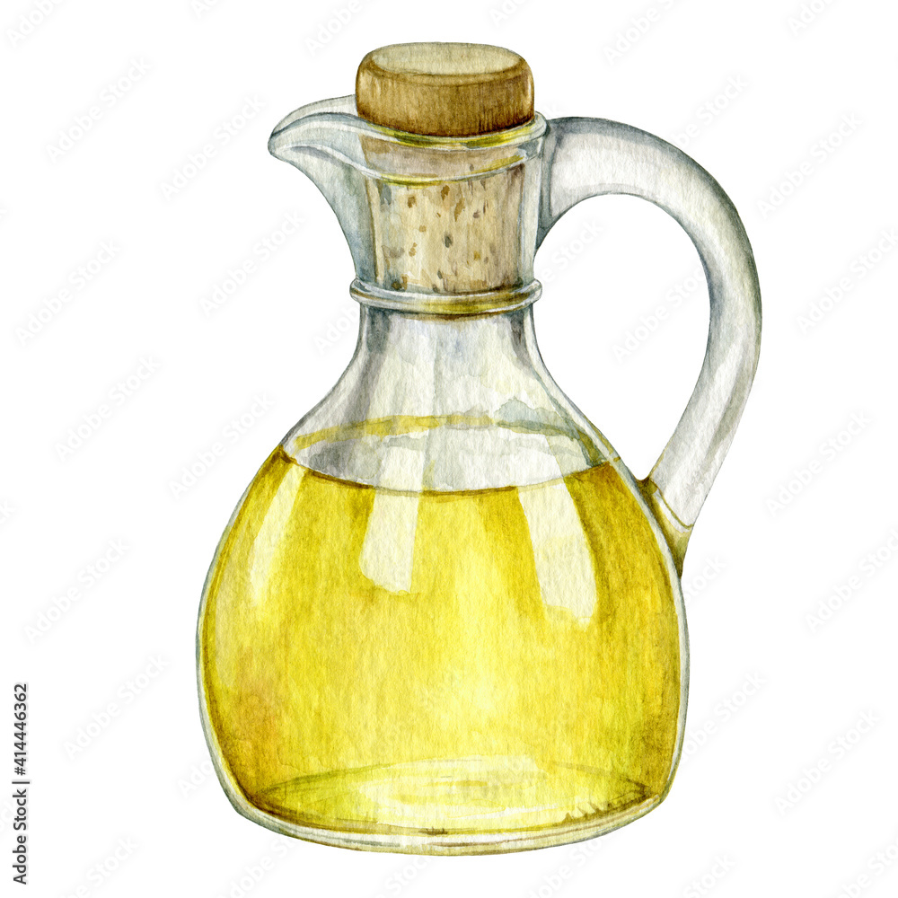 Olive oil in glass bottle illustration. Natural fresh organic yellow vegetable oil realistic watercolor image. Glass jar with pure olive product inside close up element. Pure vegan seasoning. Olive oil in glass bottle illustration. Natural fresh organic yellow vegetable oil realistic watercolor image. Glass jar with pure olive product inside close up element. Pure vegan seasoning.