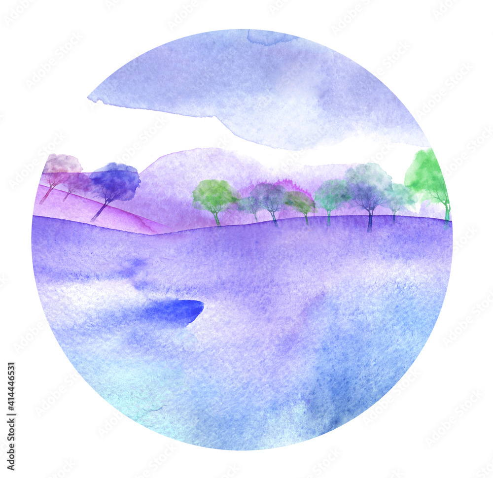 Countryside summer watercolor landscape. Green trees, bushes on a hill, in a field, in a meadow. Ecological poster. Round logo. River, lake. Oak, apple, cherry. Blue watercolor wave. 