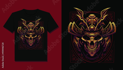 dark samurai skull t shirt vector illustration