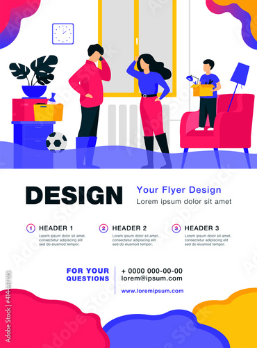 Family couple walking ankle deep in water at home, calling plumber service to fix broken pipes. Vector illustration for overflow, flooded house, emergency concept