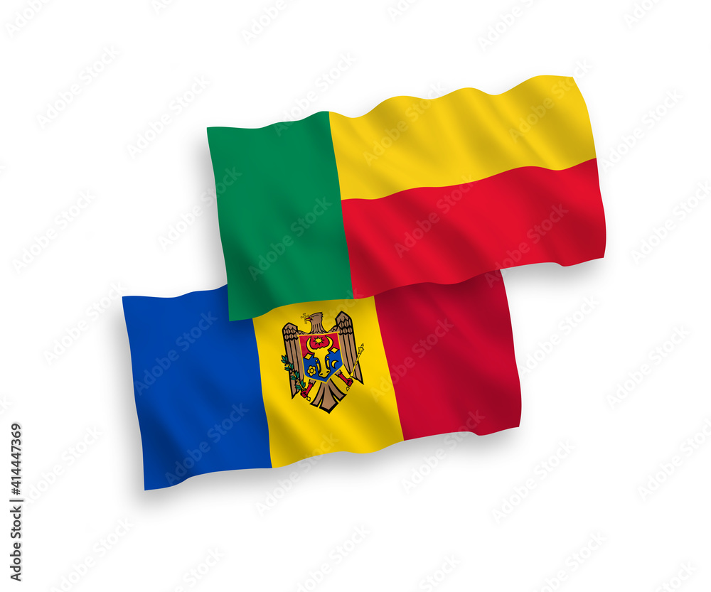 Fototapeta premium National vector fabric wave flags of Moldova and Benin isolated on white background. 1 to 2 proportion.