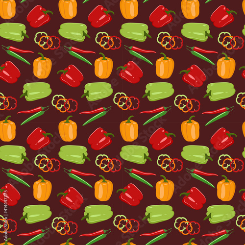 Red, yellow, green, bitter pepper Seamless vector pattern Vegetable background