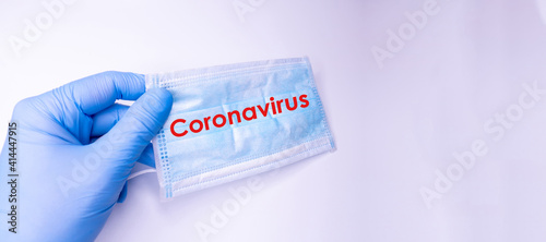 Blue Medical Disposable Face Mask with covid-19 printed on it. Covid-19 - Wuhan Novel Coronavirus pneumonia gets official name from WHO: COVID-19. Disposable breath filter face mask with earloop