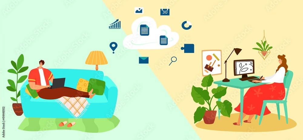 Work at home with cloudy environment, successful home business, woman designer at computer, cartoon style vector illustration. Online office, man in quarantine works at laptop, young freelancer. Work at home with cloudy environment, successful home business, woman designer at computer, cartoon style vector illustration. Online office, man in quarantine works at laptop, young freelancer.