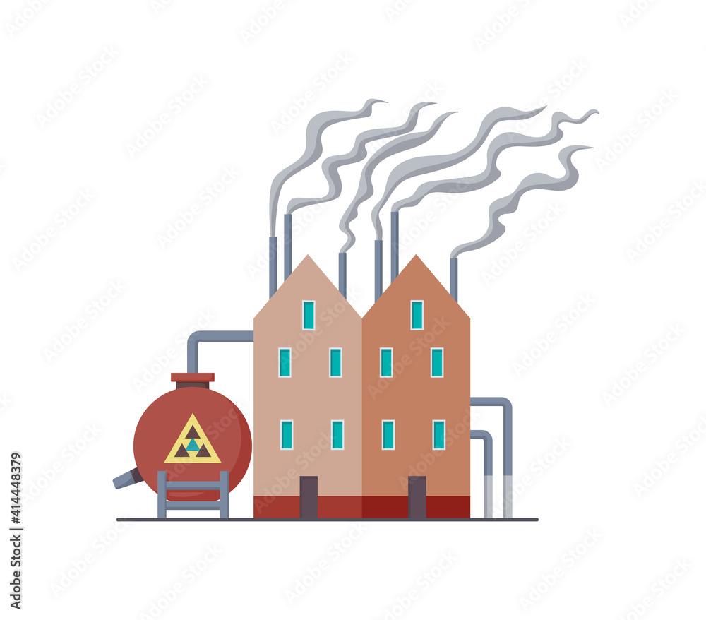Naklejka premium Factori or power plant flat design of illustration. Manufactory industrial building refinery factory or Nuclear Power Station. Building big of plant or factory with pipe smoke