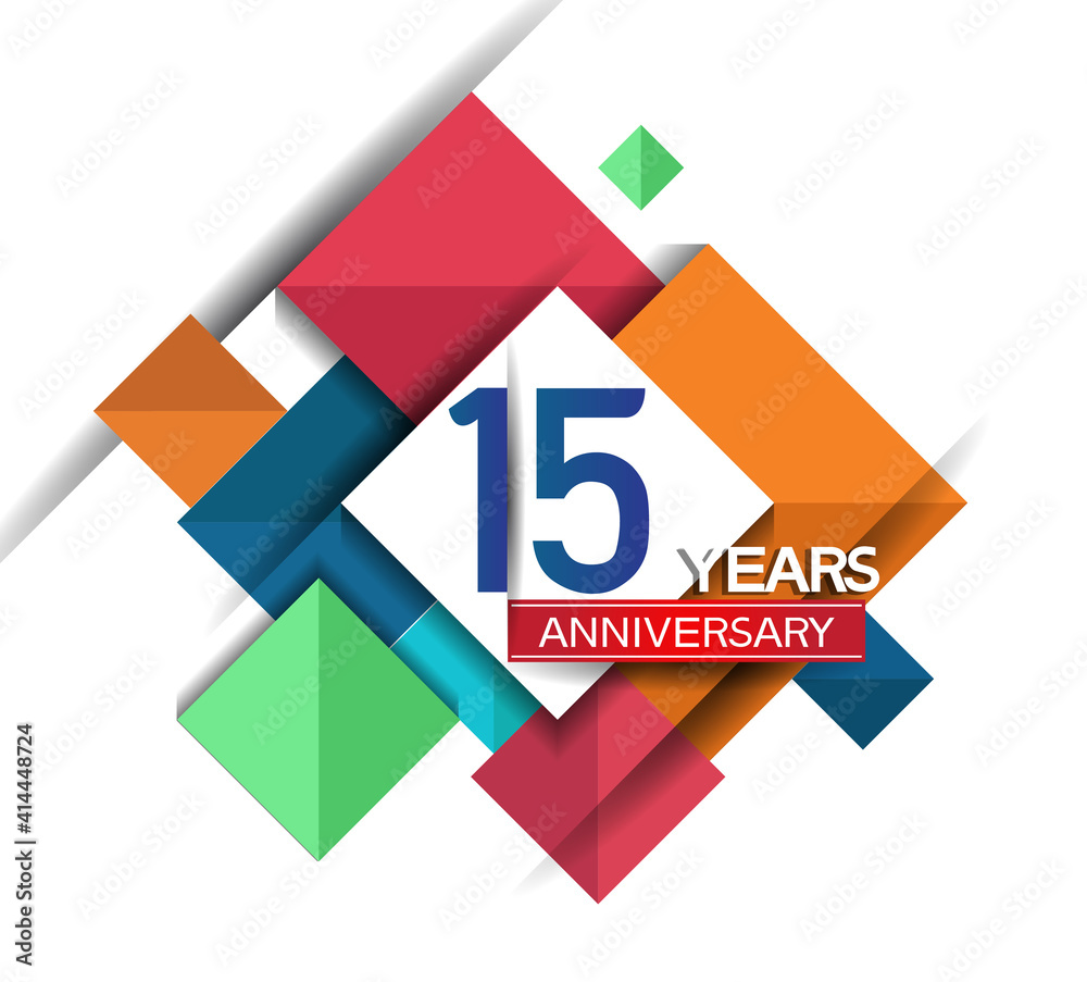 15 years anniversary design colorful square style isolated on white background can be use for invitation, party, and celebration event