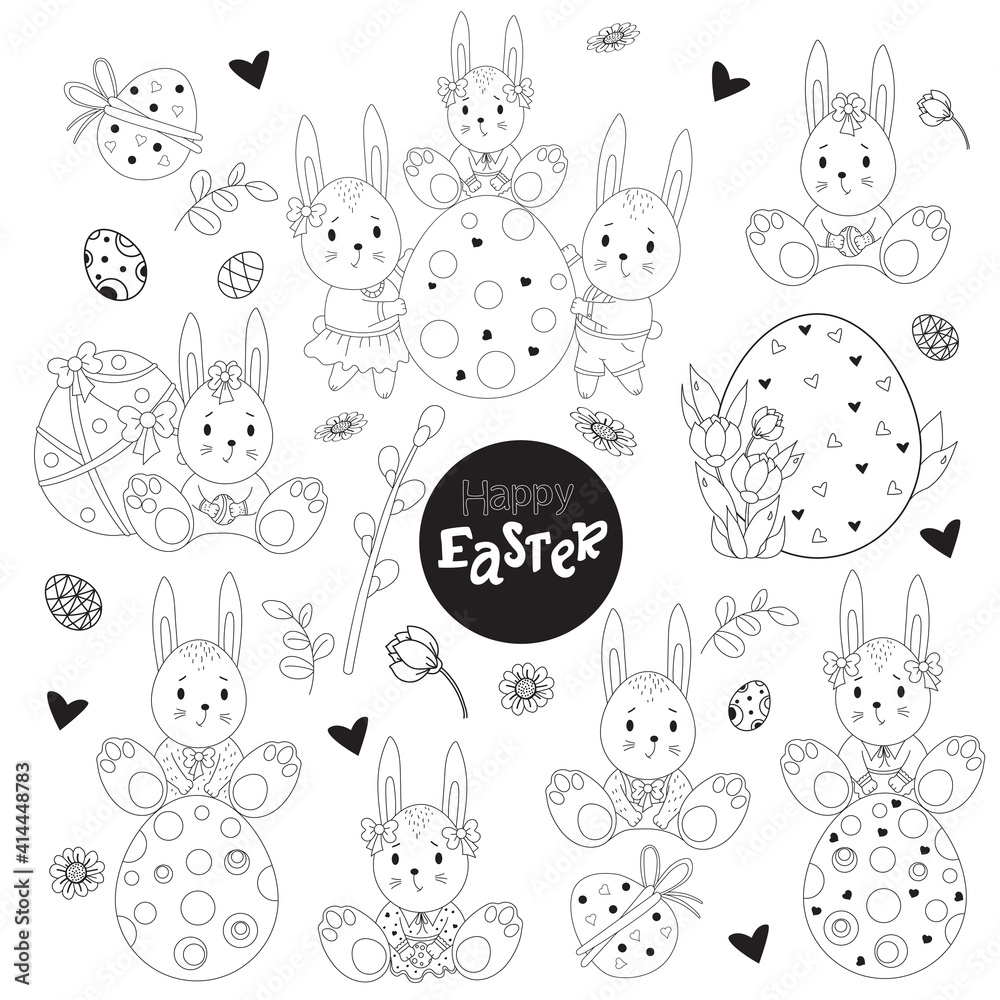 Set of sketched Easter. Cute bunnies girls and boys, Easter eggs, flowers and Easter decor. Vector illustration. Black line, outline. Cute decorative drawings for design Happy Easter Set of sketched Easter. Cute bunnies girls and boys, Easter eggs, flowers and Easter decor. Vector illustration. Black line, outline. Cute decorative drawings for design Happy Easter