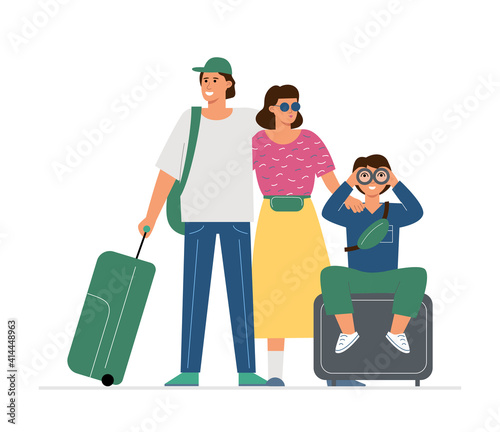 A family with suitcases, a symbol of tourism and a happy journey.