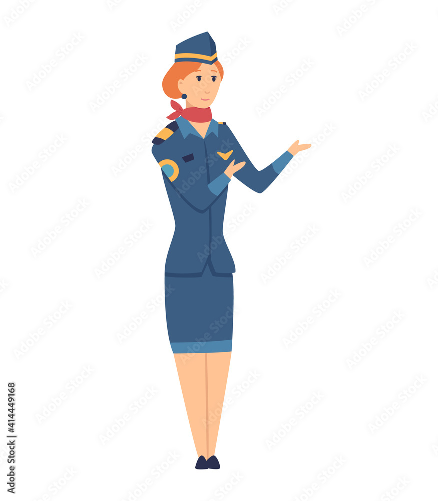 Smiling civilian aircraft stewardess dressed in uniform. Cheerful female cartoon character isolated on white background. Colorful illustration in flat style Smiling civilian aircraft stewardess dressed in uniform. Cheerful female cartoon character isolated on white background. Colorful illustration in flat style
