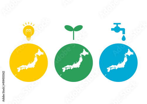 エコロジーのイラスト: 電力・緑化・水源と日本地図