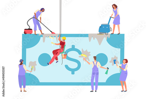Dirty money concept, foreign currency, financial crime, business cash, banknote laundering, cartoon style vector illustration. Illegal finance, securities fraud, criminal wealth, banking corruption.