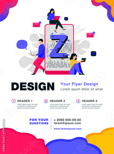 Virtual tiny people messaging in social media flat vector illustration. Characters near huge smartphone. Modern demography trend with progressive youth gen. Z generation and digital technology concept