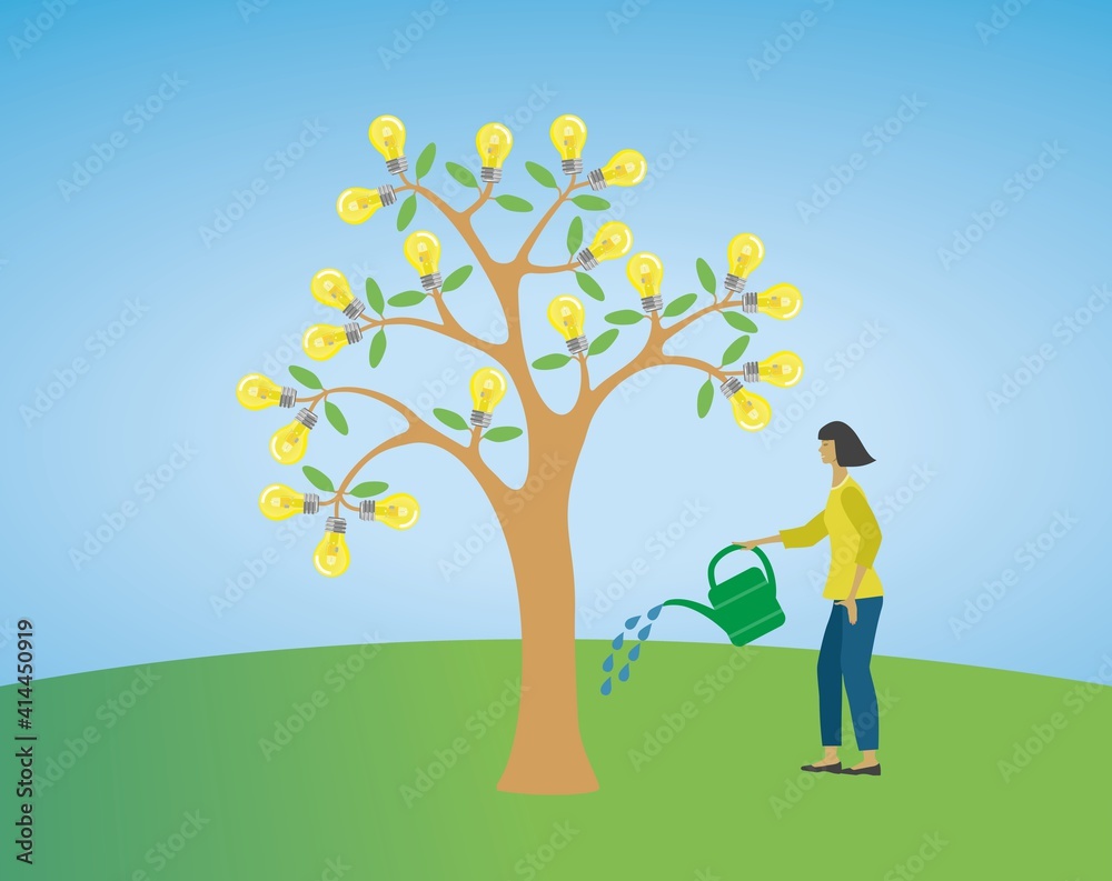 Woman watering tree with lightbulbs. Ideas concept. Vector illustration. EPS10. Woman watering tree with lightbulbs. Ideas concept. Vector illustration. EPS10.