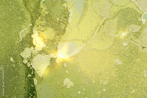 Bright lime green marble pattern with golden dust. Abstract vector background in alcohol ink technique. Modern paint with glitter. Template for banner, poster design. Fluid art painting