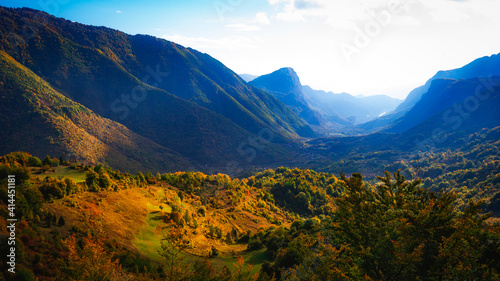 beautiful landscape with valley and mountains in autumn