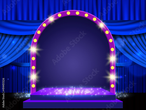 Background with blue curtain, podium and retro arch banner. Design for presentation, concert, show