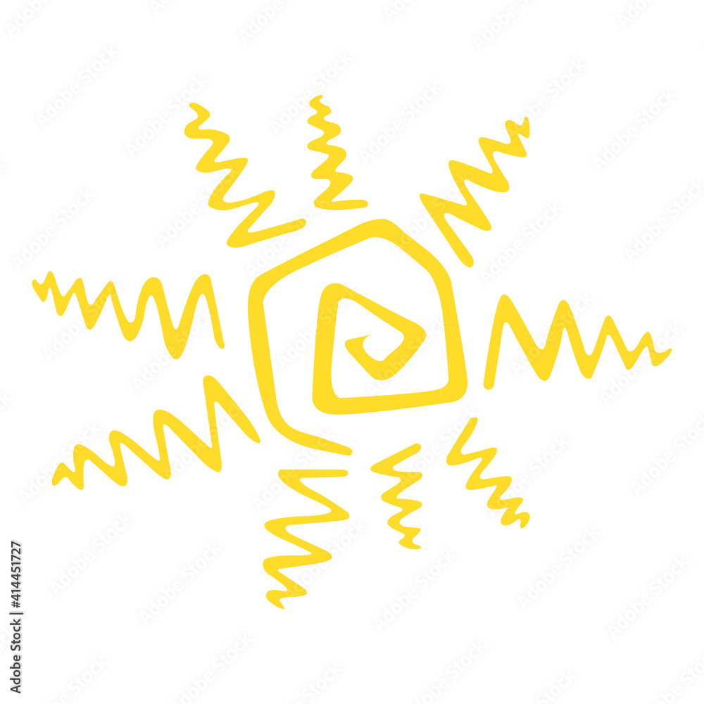 Cute funny sun icon. Bright and beautiful cartoon character. Abstract yellow sun shape. Hand drawn doodle sun. Sun logo icon. Illustration