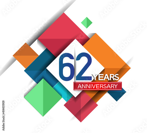 62 years anniversary design colorful square style isolated on white background can be use for invitation, party, and celebration event