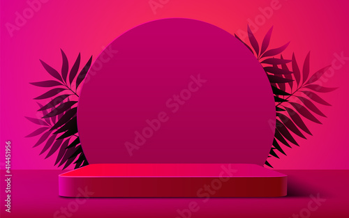 Abstract scene background. Cylinder podium with leaves on pink background. Product presentation, mock up, show cosmetic product, Podium, stage pedestal or platform.