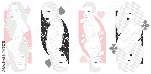 Single line woman illustration set in style of playing cards. Four Queens minimalist style figures photo