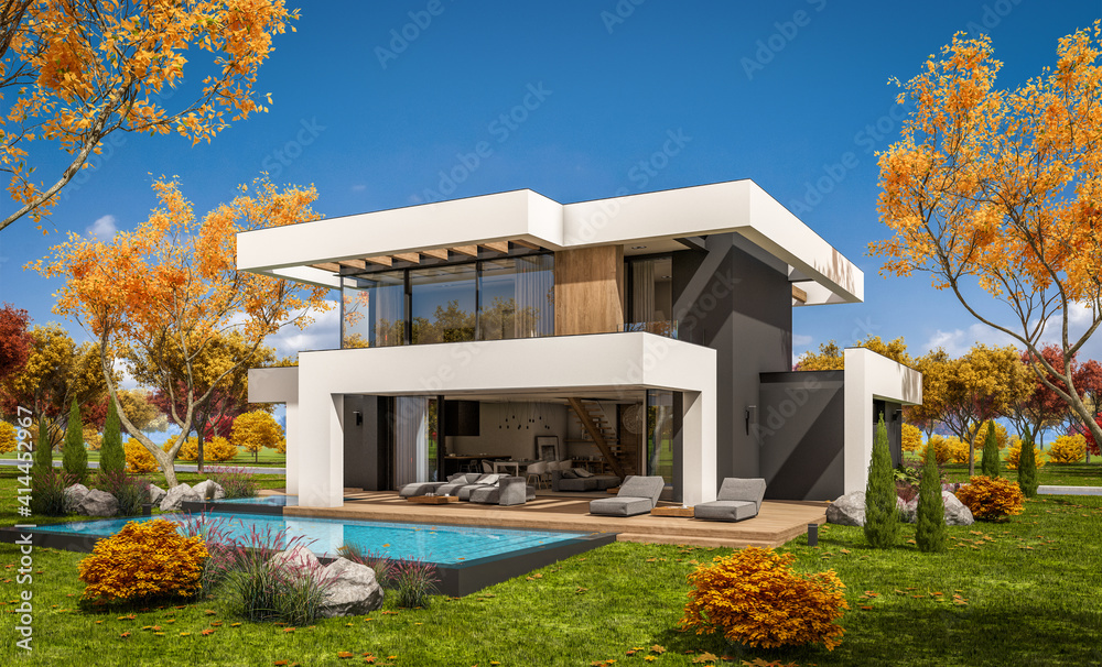 3d rendering of modern cozy house with pool and parking for sale or rent in luxurious style and beautiful landscaping on background. Clear sunny autumn day with golden leaves anywhere