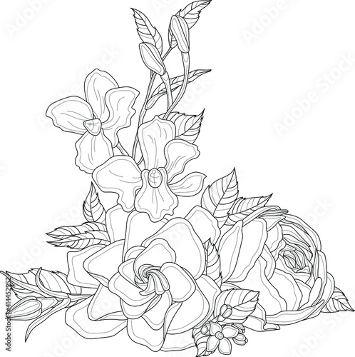 Realistic gardenia, iris and peony flower bouquet with leafs sketch template. Corner frame vector illustration in black and white for game, background, pattern, decor. Coloring paper, page, story book