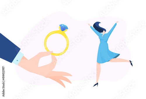 Marriage proposal concept, romantic love, gold ring with large diamond, engagement gift, design cartoon style vector illustration. Wedding dream, marriage contract, happy woman ready to get married.
