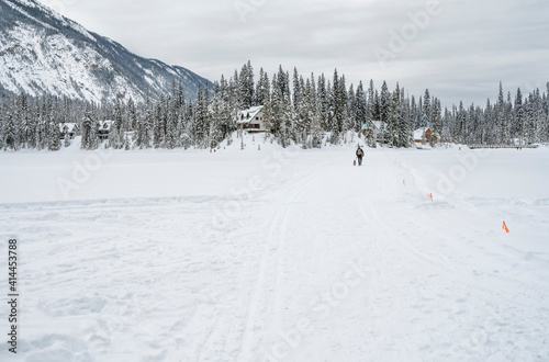 A man walks a dog across frozen Emerald Lake in Yoho National Park, British Columbia, Canada