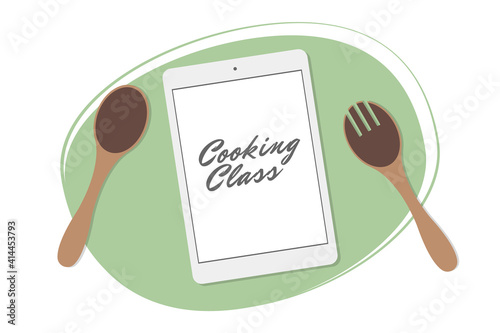 Cooking class. Flat design web banner template with
tablet and wooden spoons. Culinary master class. Live online stream of the culinary process. Modern concept for website or infographic.