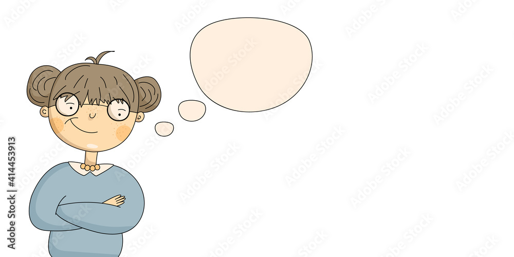 Little smiling girl flat vector illustration. Cute schoolgirl with think cloud isolated on white background. European child in glasses. The girl in a warm sweater crossed her arms. Banner template.