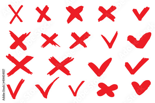 Set hand drawn red checkmark and cross appears. Illustration isolated on white background.
