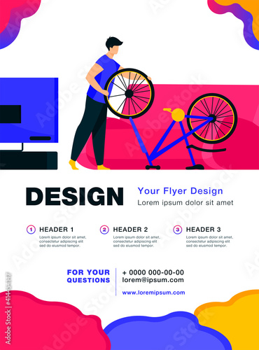 Man repairing bicycle at home. Wheel, sofa, living room flat vector illustration. Transport and maintenance concept for banner, website design or landing web page