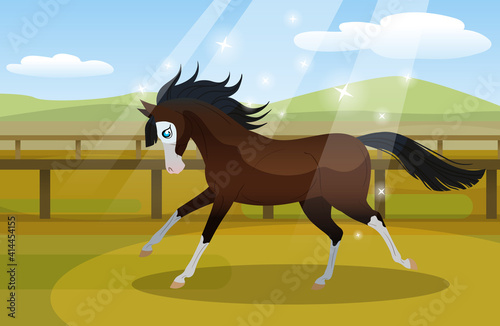 The horse runs in the paddock. Horse training. Gallop. Flat vector illustration.