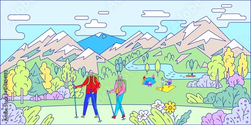 People relax in mountains, nordic walking, line art, beautiful nature outdoors, active lifestyle, flat style vector illustration. Happy tourists travel, joyful man and woman on vacation, adventure.