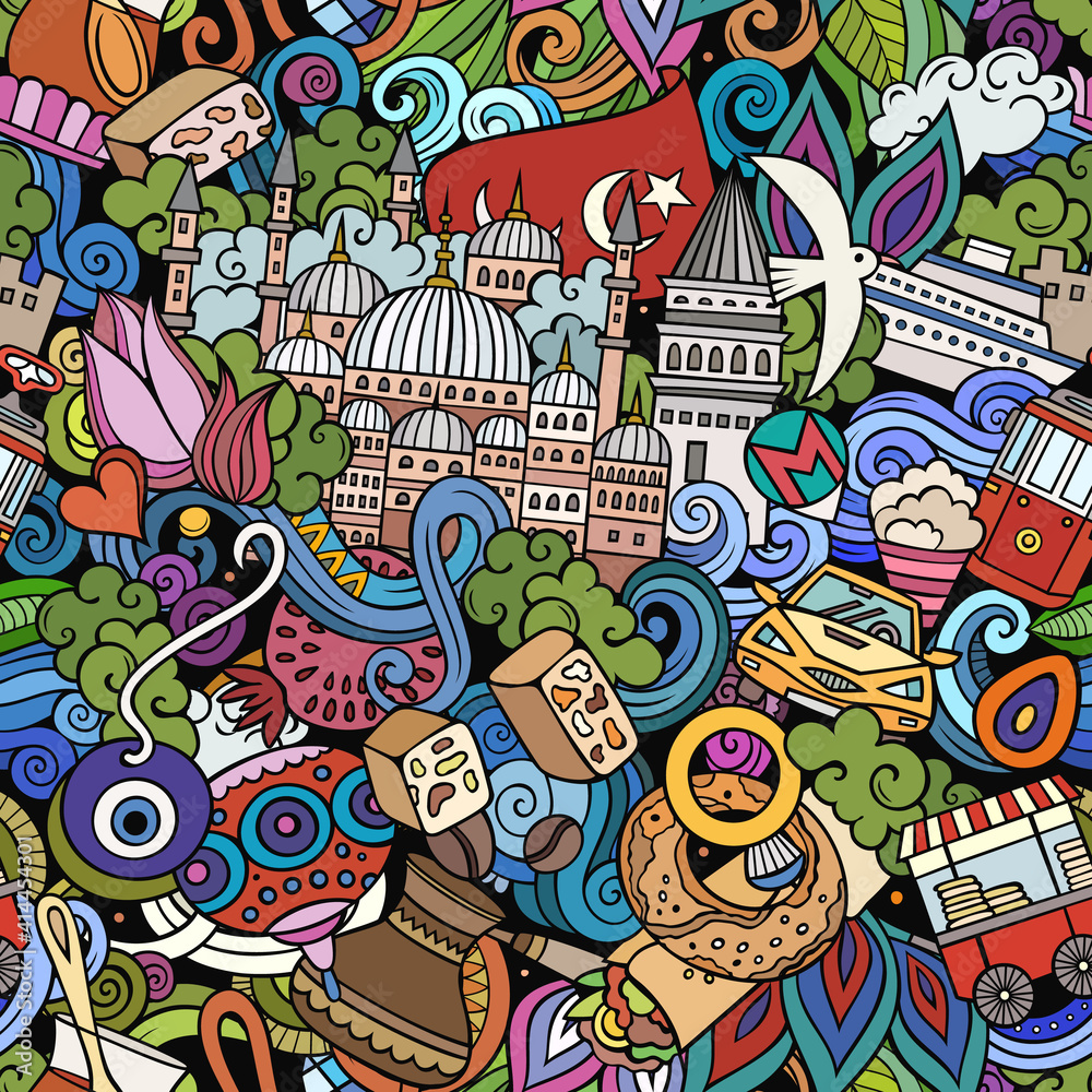 Obraz premium Cartoon doodles Istanbul seamless pattern.