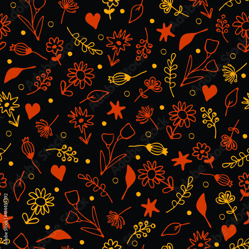 Seamless vector pattern with small hand drawn flowers on black background. Simple floral wallpaper design. Vintage fashion textile texture.