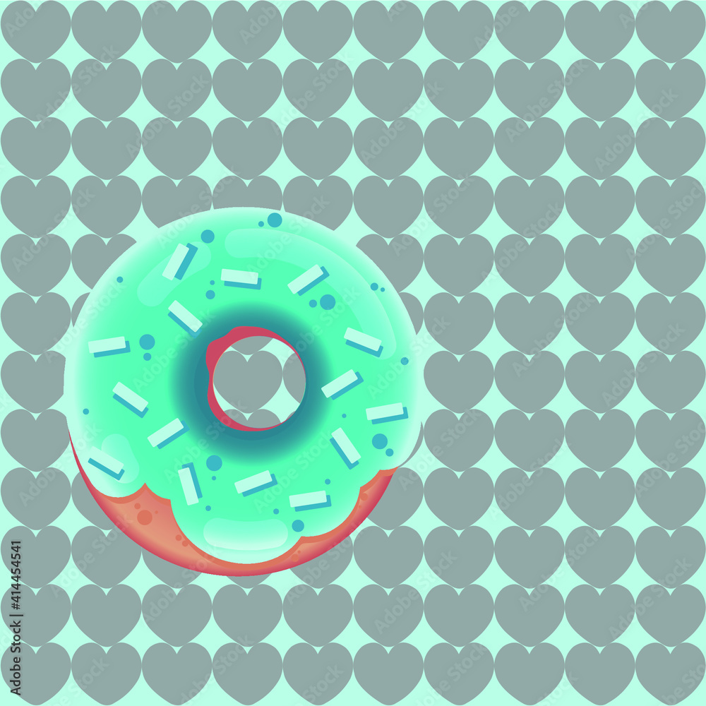 This is a donut covered with blue sweet glaze. Donut on the background of a pattern of gray hearts.